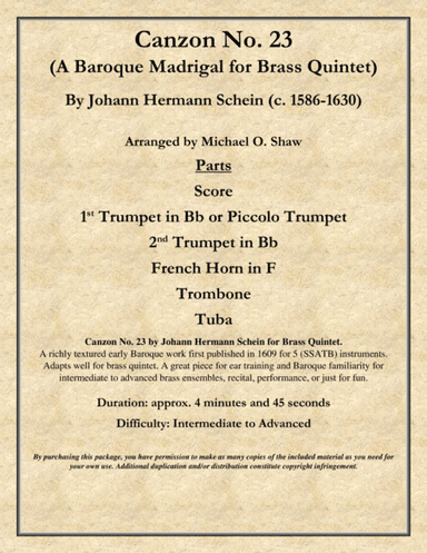 Canzon No.23 "a Baroque Madrigal" by Johann Hermann Schein for Brass Quintet (arr. Michael O. Shaw)