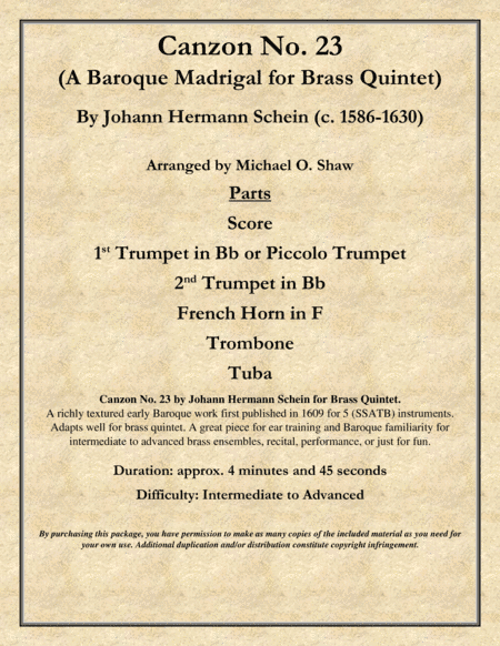 Canzon No.23 "a Baroque Madrigal" by Johann Hermann Schein for Brass Quintet (arr. Michael O. Shaw)