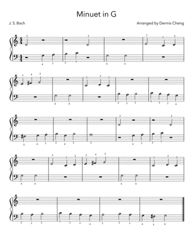 Minuet in G (J.S. Bach) - 4 Beginner Piano Versions (with letters and with finger numbers) (arr. Dennis Cheng)