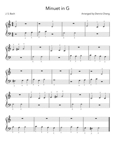 Minuet in G (J.S. Bach) - 4 Beginner Piano Versions (with letters and with finger numbers) (arr. Dennis Cheng)