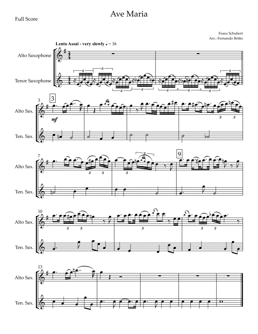 Ave Maria (Franz Schubert) for Alto Saxophone &  Tenor Saxophone Duo (arr. Fernando Britto)