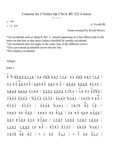 Concerto for 2 violins in  A minor , Op.3  No.8,  RV 522 . mov 1 for Erhu (arr. Kristal Hinaco)