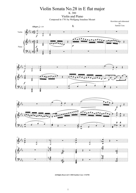 Mozart - Violin Sonata No.28 in E flat K 380 for Violin and Piano - Score and Part (arr. Santino Cara)