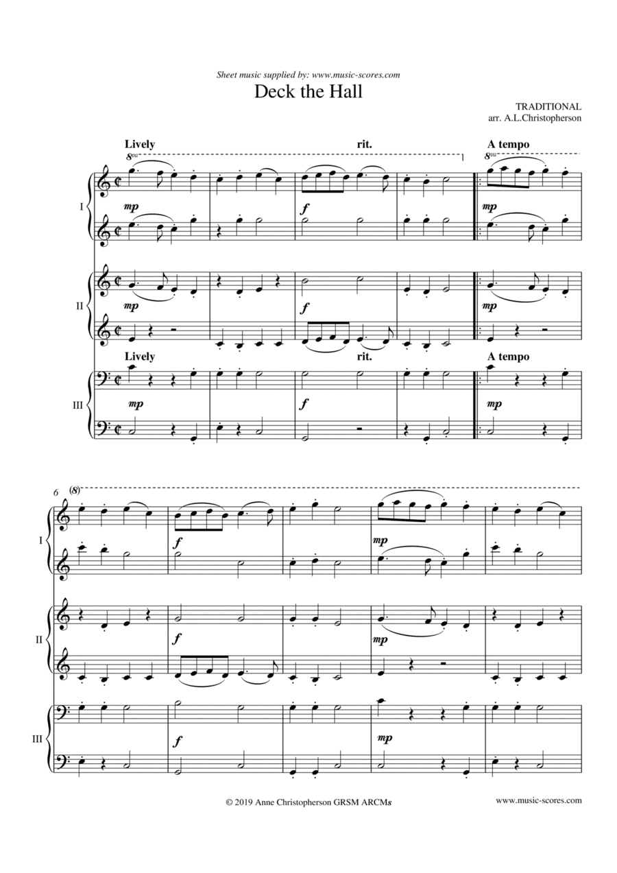 Deck the Halls with Boughs of Holly - Piano 6 hands (arr. Anne L Christopherson GRSM ARCM)
