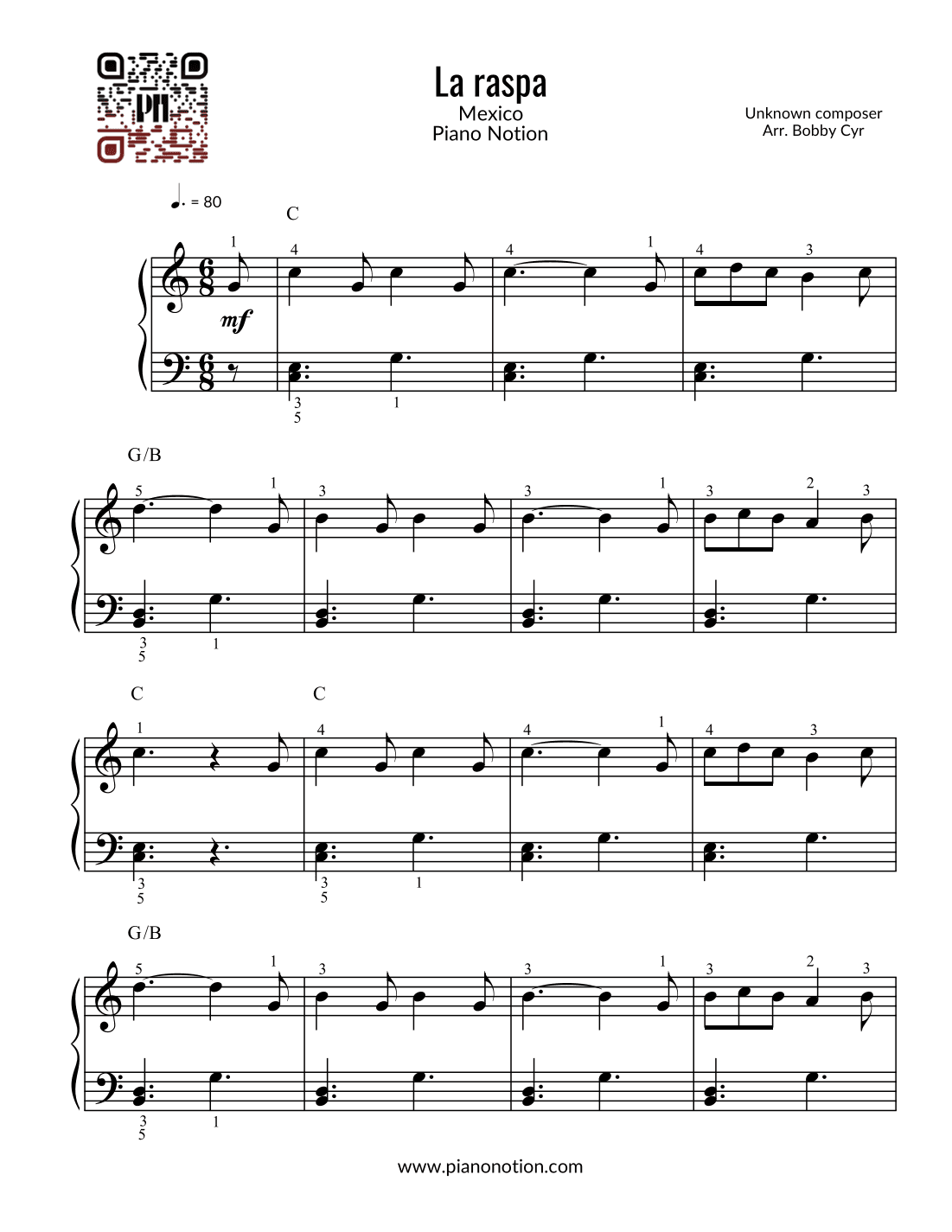 La raspa (piano fácil) (arr. Bobby Cyr - Piano Notion)