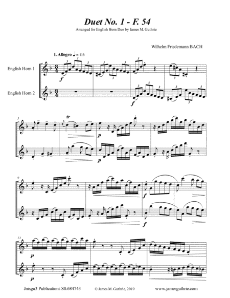 WF Bach: The Six Duets Complete for English Horn Duo (arr. James M. Guthrie, ASCAP)