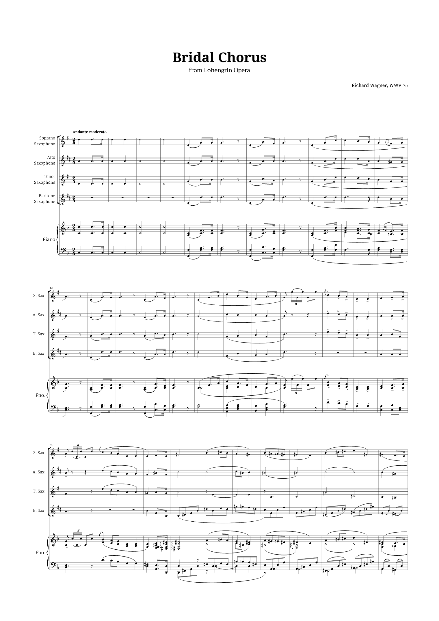 Bridal Chorus by Wagner for Sax Quartet and Piano (arr. Langanho)