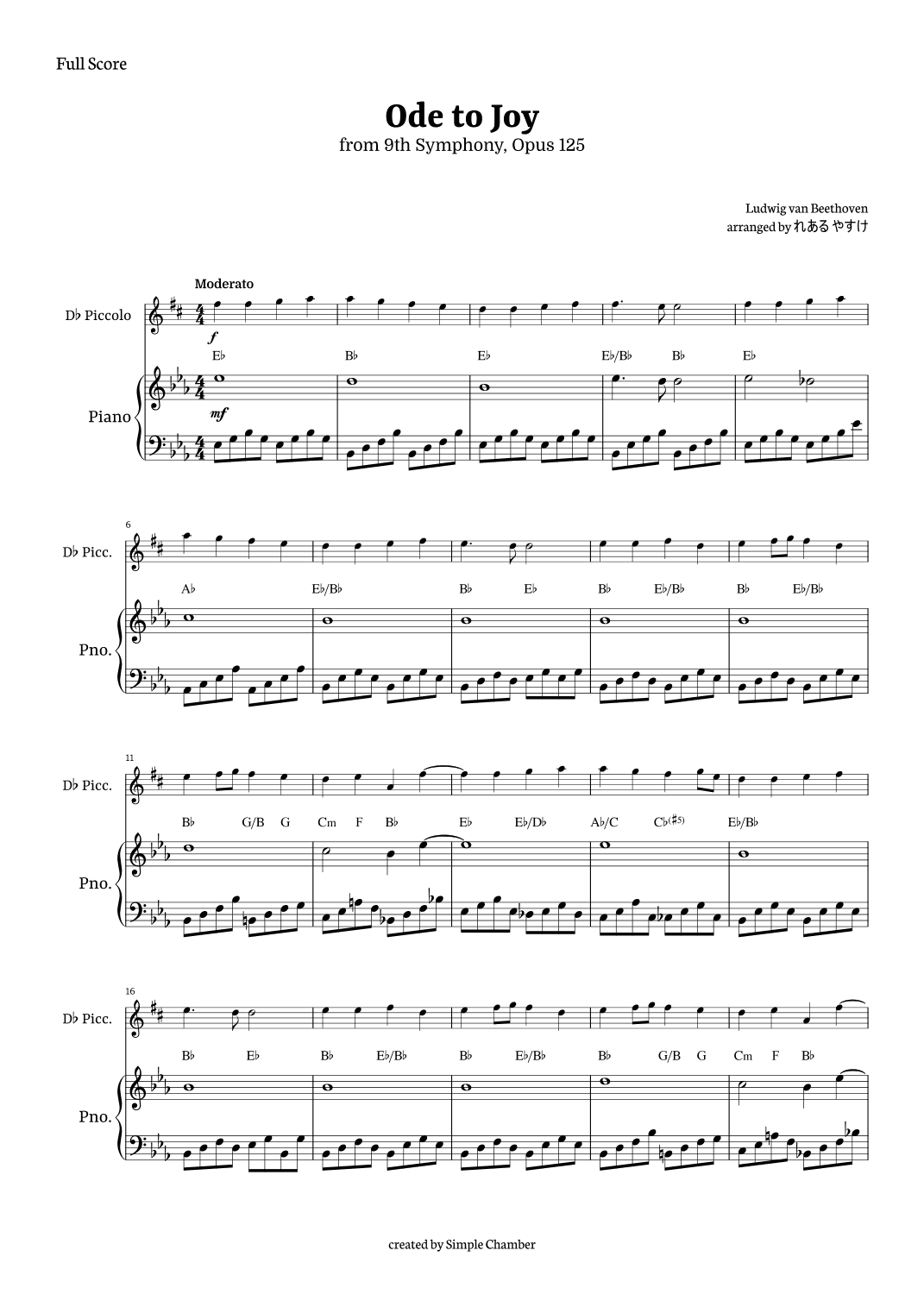 Ode to Joy for D-flat Piccolo with Piano by Beethoven Opus 125 (arr. れある やすけ)