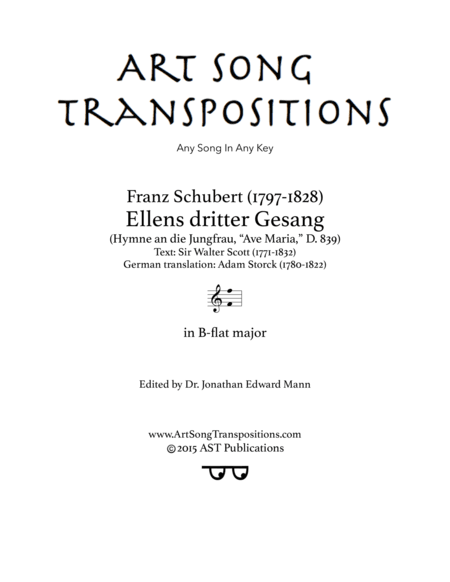 SCHUBERT: Ellens Gesang III, D. 839 (transposed to B-flat major) (arr. ArtSongTranspositions.com)
