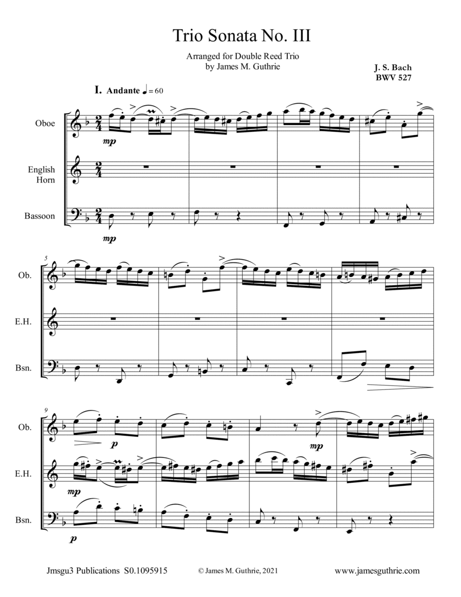 BACH: Trio Sonata No. 3 BWV 527 for Double Reed Trio (arr. James M. Guthrie)