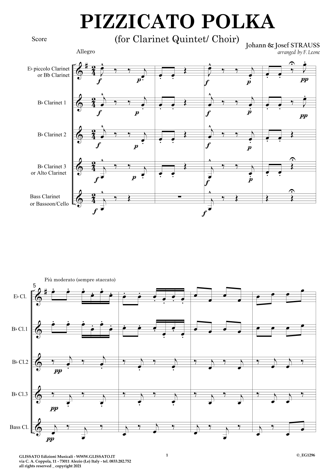 Pizzicato polka - Clarinet Quintet (score & parts) (arr. Francesco Leone)