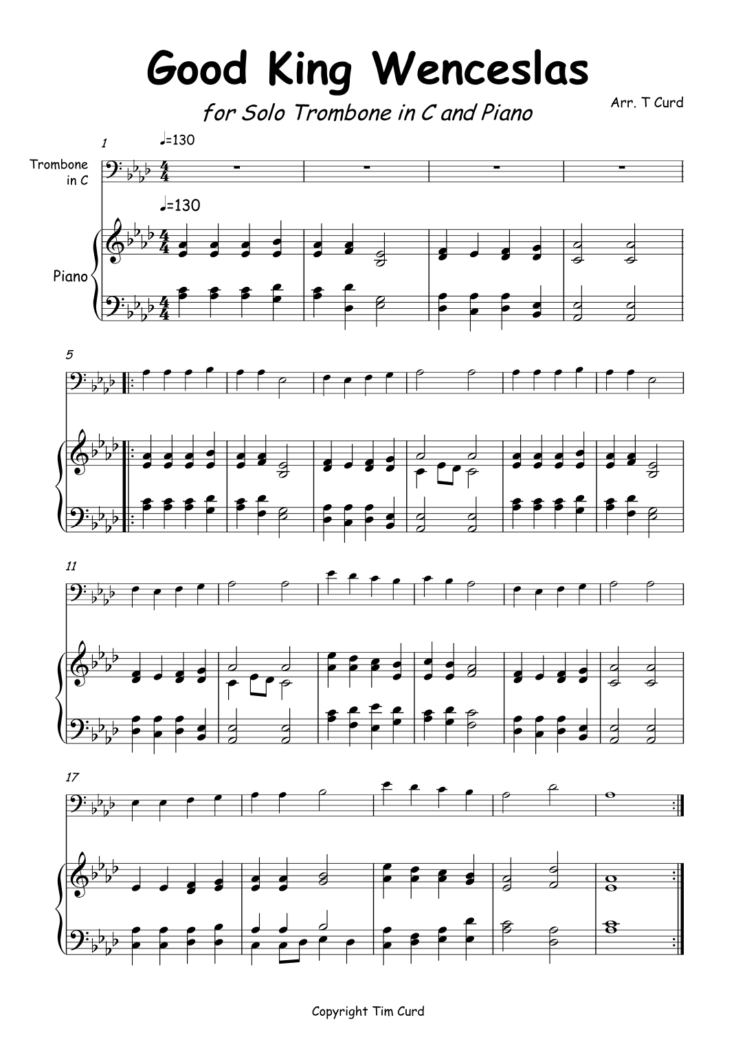 Good King Wenceslas for Trombone in C and Piano (arr. Tim Curd)