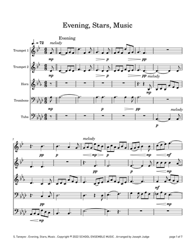 Evening Stars Music by Taneyev for Brass Quintet in Schools (arr. Joseph Judge)