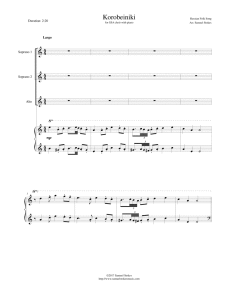 Korobeiniki (Korobushka) - for SSA choir with piano accompaniment (arr. Samuel Stokes)