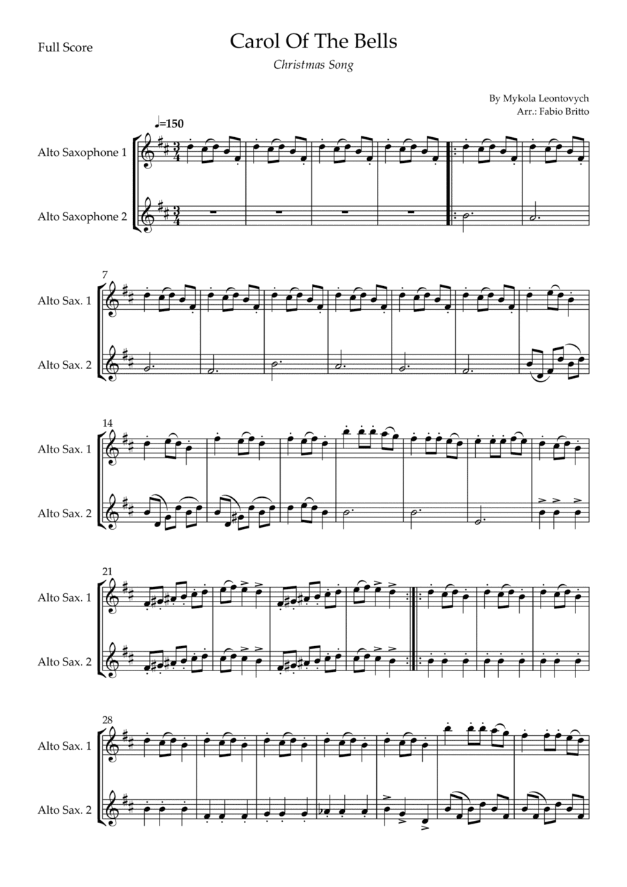 Carol Of The Bells (Christmas Song) for Alto Saxophone Duo (D Minor) (arr. Fabio Britto)