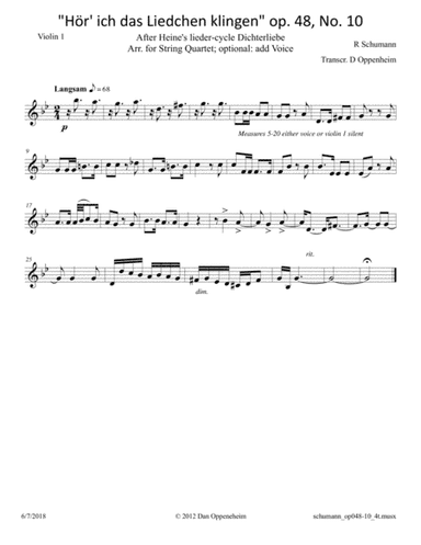 Schumann: "Hör' ich das Liedchen klingen" op. 48, No. 10; Arr. for String Quartet or Voice and Stri (arr. D Oppenheim)