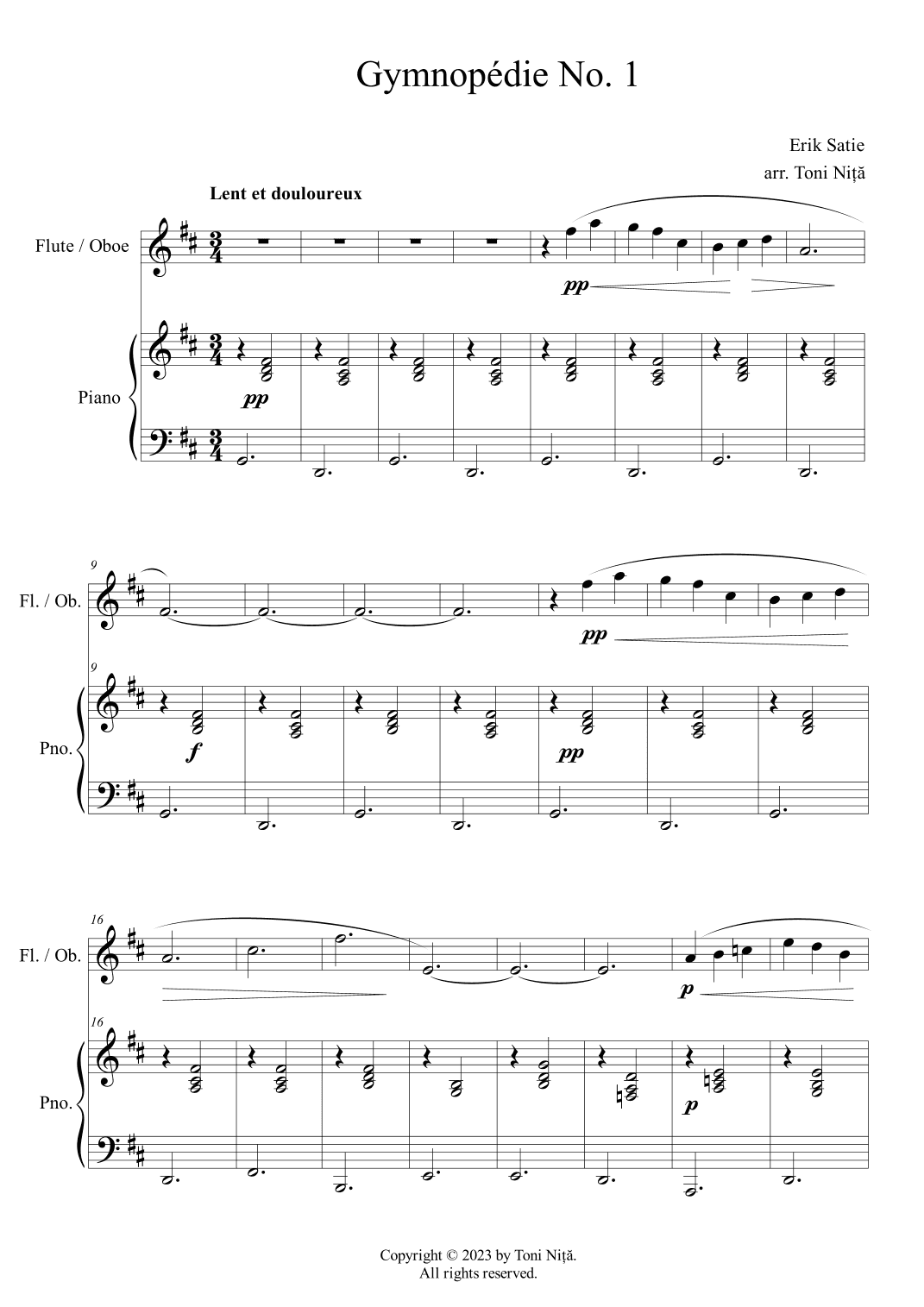 Erik Satie - Gymnopédie No. 1 (for Flute or Oboe & Piano) (arr. Toni Nita)