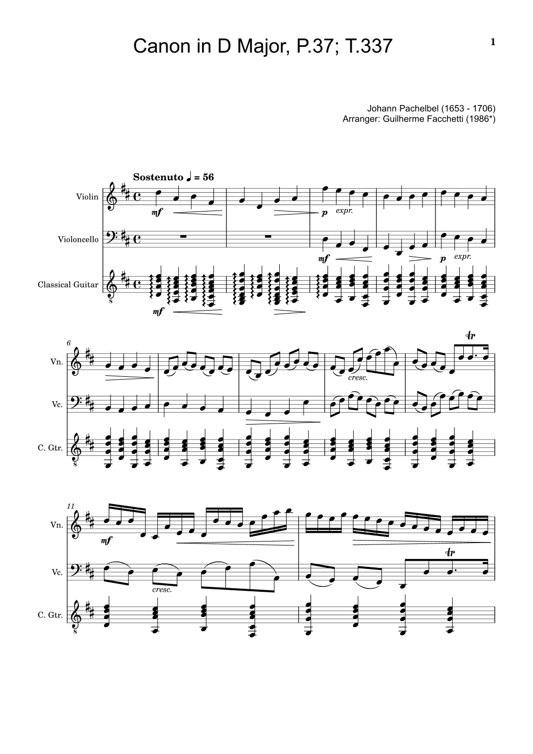 Johann Pachelbel - Canon in D Major, P.37; T.337. For Violin, Violoncello and Classical Guitar (arr. Guilherme Facchetti)