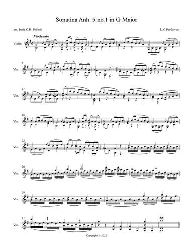 Beethoven Sonatina Anh. 5 no. 1 in G for Solo Violin (arr. Suzie C.H. Bellesis)