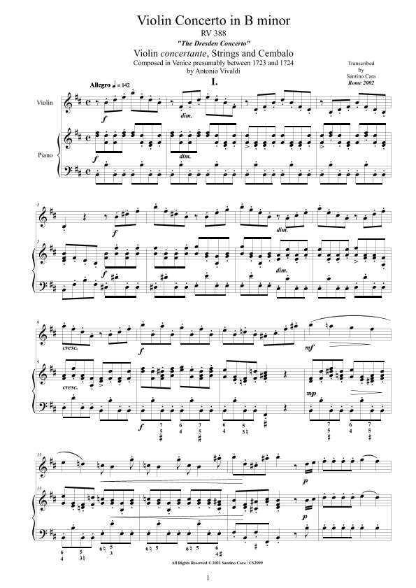 Vivaldi - Violin Concerto in B minor - Dresden -  RV 388 for Violin and Piano (arr. Santino Cara)