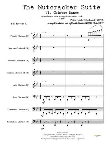 Nutcracker Suite, Mvt. VI "Chinese Dance" for clarinet choir (full score & set of parts) (arr. Patrick Sheehan)