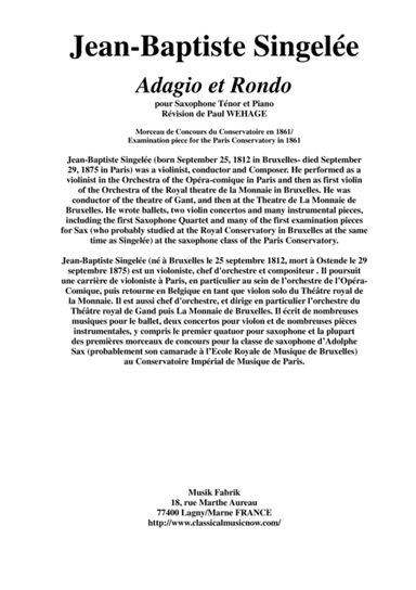 Jean-Baptiste Singelée Adagio et Rondo pour Saxophone Ténor et Piano, Révision de Paul WEHAGE, Opus (arr. Musik Fabrik Music Publishing)