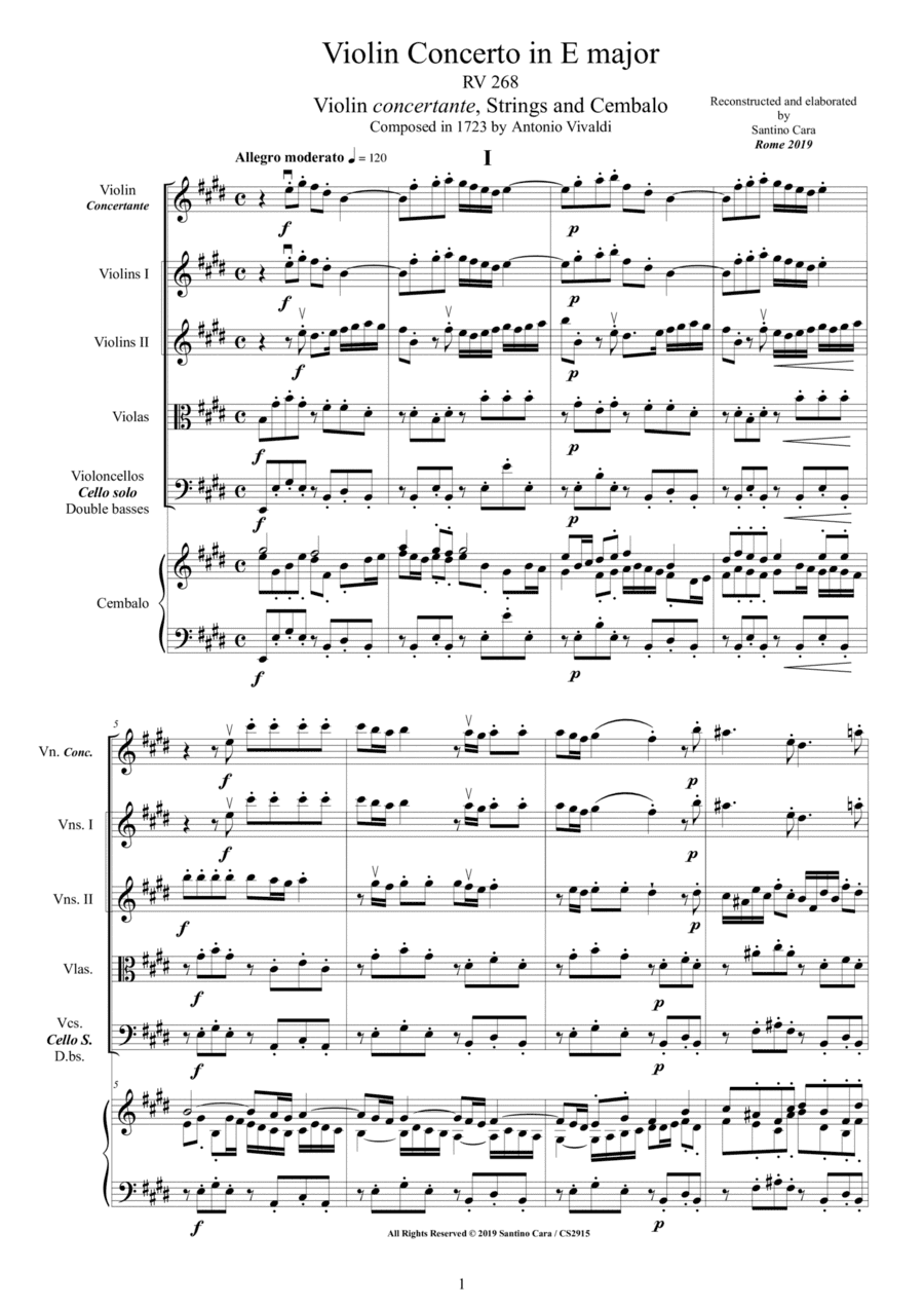 Vivaldi - Violin Concerto in E major RV 268 for Violin, Strings and Cembalo (arr. Santino Cara)