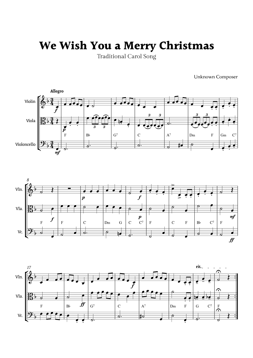 We Wish you a Merry Christmas for String Trio with Chords (arr. Rika K.)