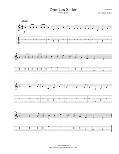 Drunken Sailor - for easy guitar with TAB (arr. Samuel Stokes)