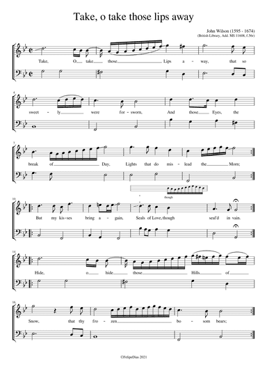 Take o take those lips away (Ornamented version from Add. MS 11608) (arr. Early Music Scores)