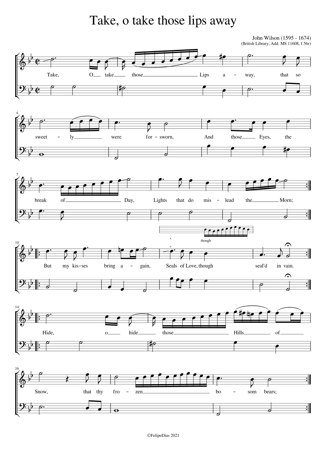Take o take those lips away (Ornamented version from Add. MS 11608) (arr. Early Music Scores)