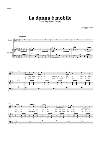 La donna è mobile in B-flat major for Voice and Piano (arr. Langanho)