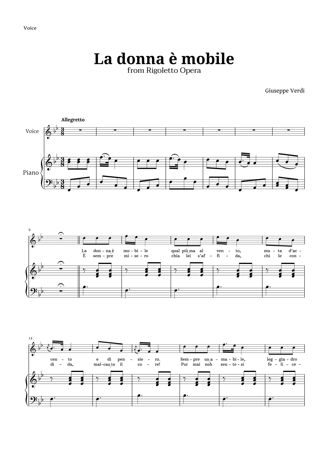 La donna è mobile in B-flat major for Voice and Piano (arr. Langanho)