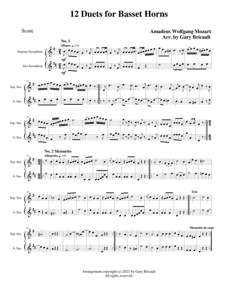 12 Duets for Basset Horn (arr. Gary Bricault)