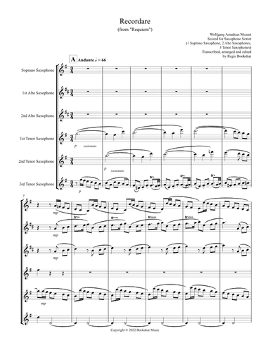 Recordare (from "Requiem") (F) (Saxophone Sextet - 1 Sop, 2 Alto, 3 Ten) (arr. Regis Bookshar)