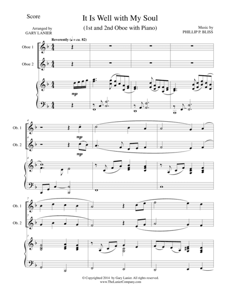 IT IS WELL WITH MY SOUL (Trio - Oboe 1, Oboe 2, Piano with Score and Parts) (arr. Gary Lanier)