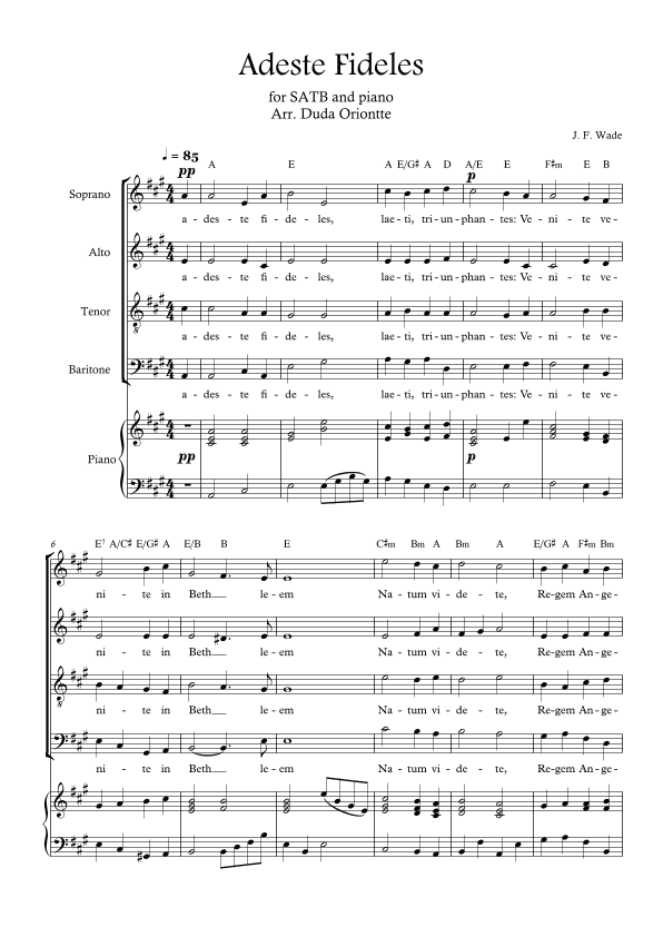 Adeste Fideles (SABT - A major - 4 staffs - with piano - with chords) O Come All Ye Faiful (arr. Duda Oriontte)