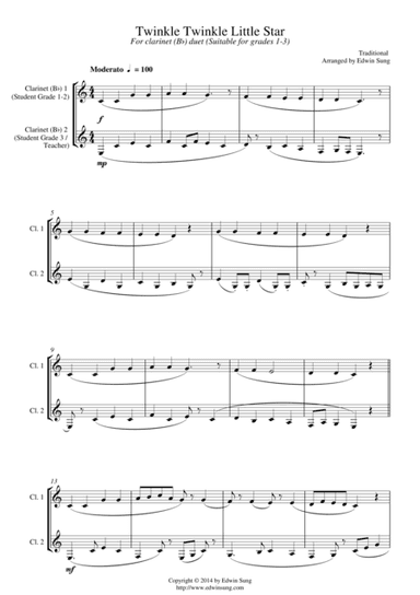 Twinkle Twinkle Little Star (for clarinet (Bb) duet, suitable for grades 1-3) (arr. Edwin Sung)