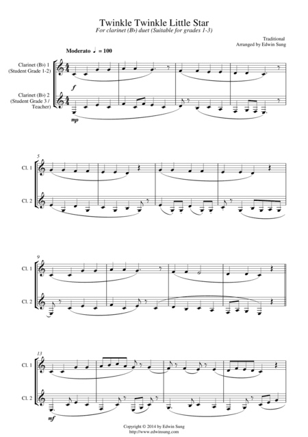 Twinkle Twinkle Little Star (for clarinet (Bb) duet, suitable for grades 1-3) (arr. Edwin Sung)