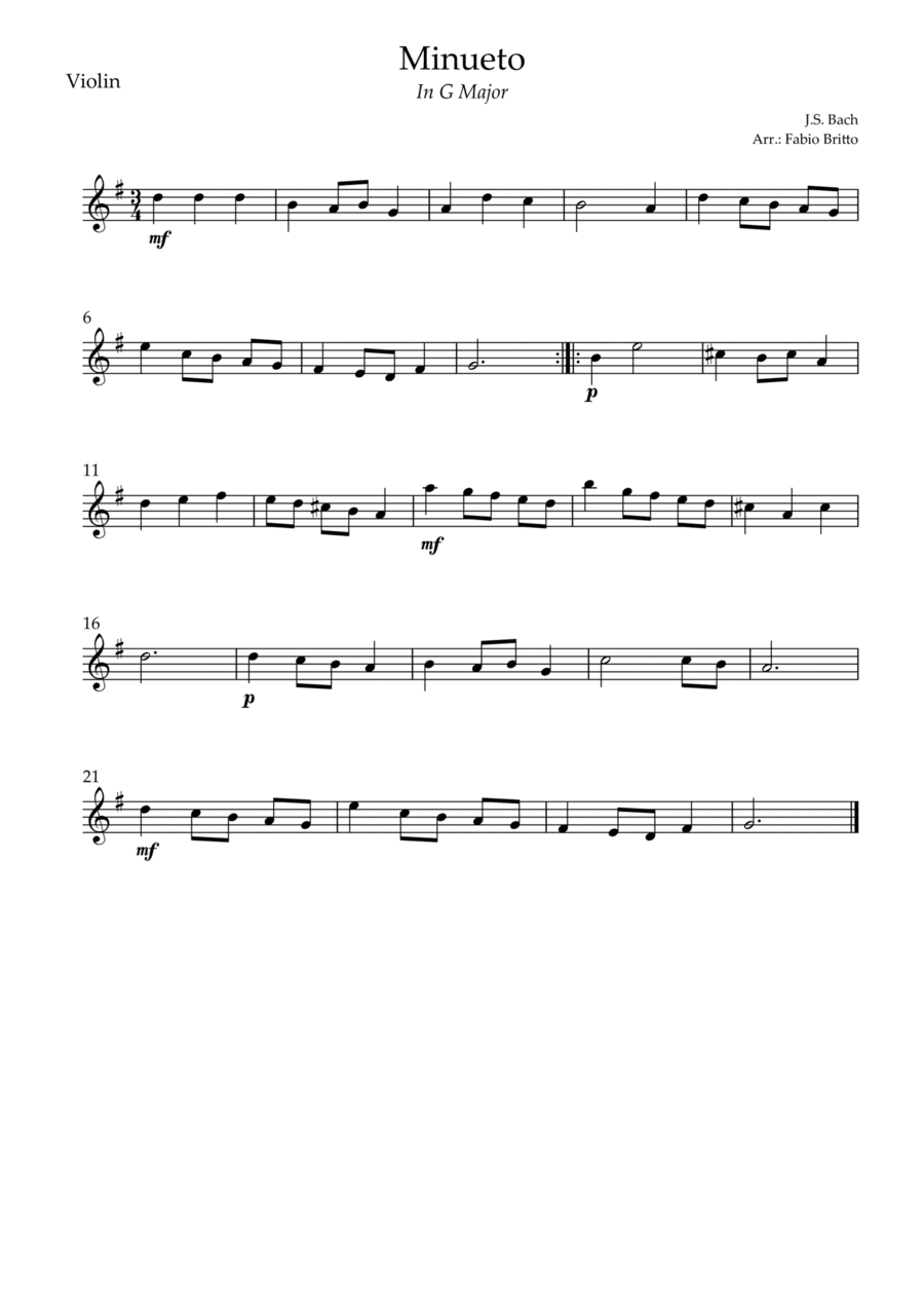 Minueto in G Major ( J.S. Bach) for Violin Solo (arr. Fabio Britto)