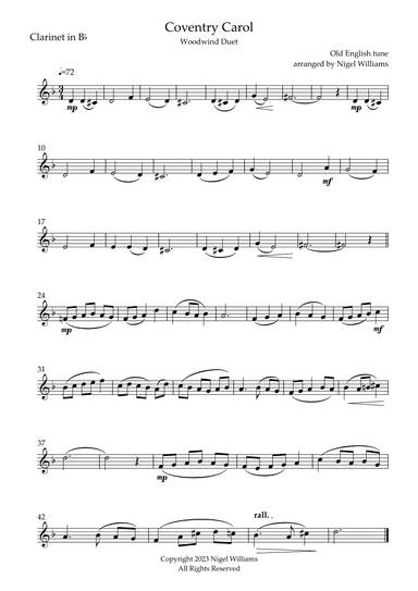 Coventry Carol, for clarinet & bassoon duet (arr. Nigel Williams)