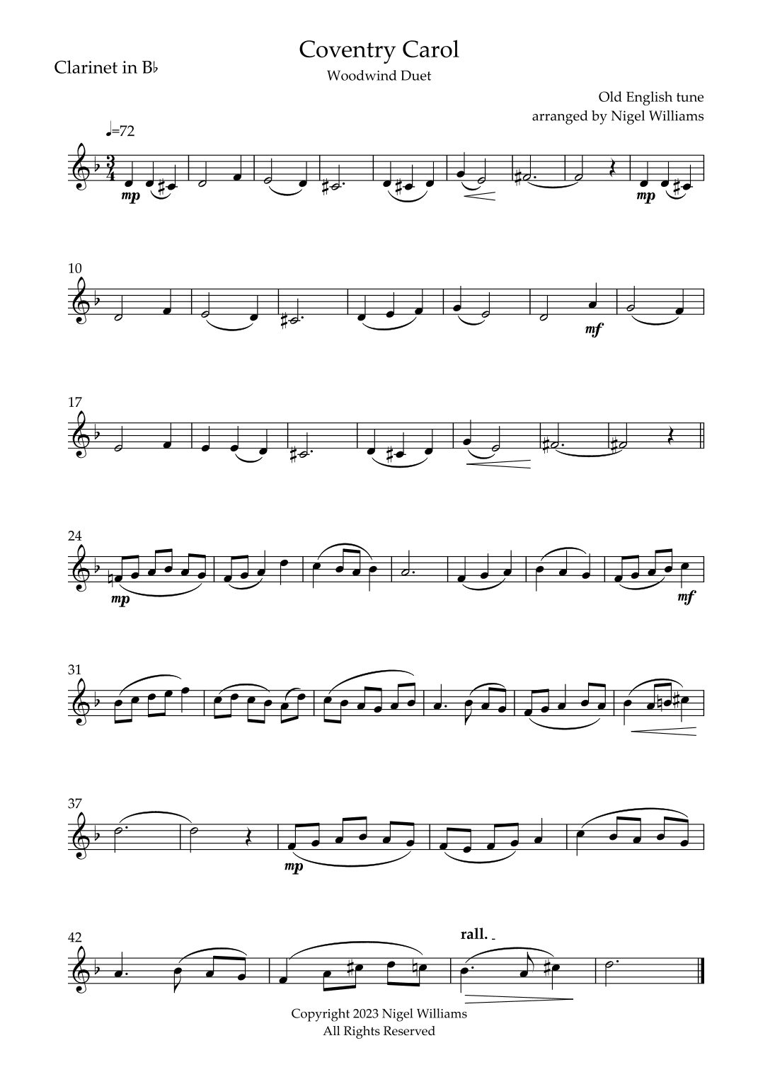 Coventry Carol, for clarinet & bassoon duet (arr. Nigel Williams)