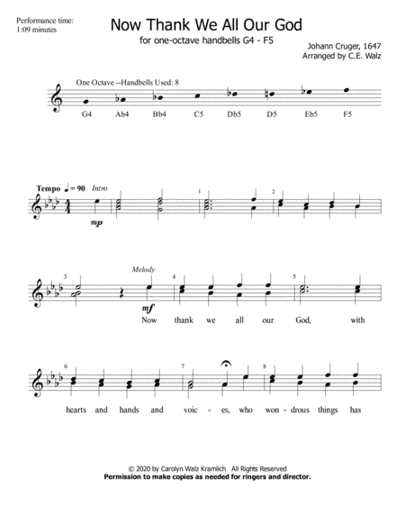 Now Thank We All Our God - a Thanksgiving song for one-octave handbells G4-F5 (arr. c.e. walz)