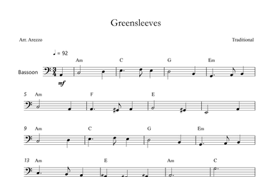Celtic Bassoon Traditional Greensleeves Lead Sheet W/Chords (arr. Arezzo Music)