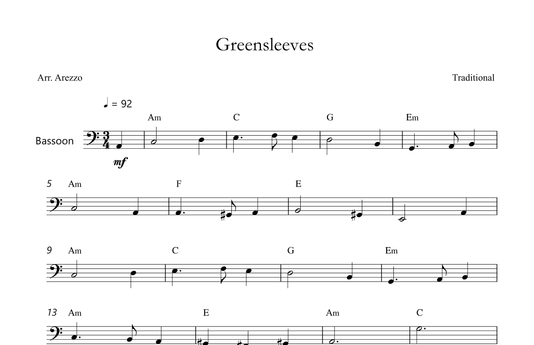 Celtic Bassoon Traditional Greensleeves Lead Sheet W/Chords (arr. Arezzo Music)
