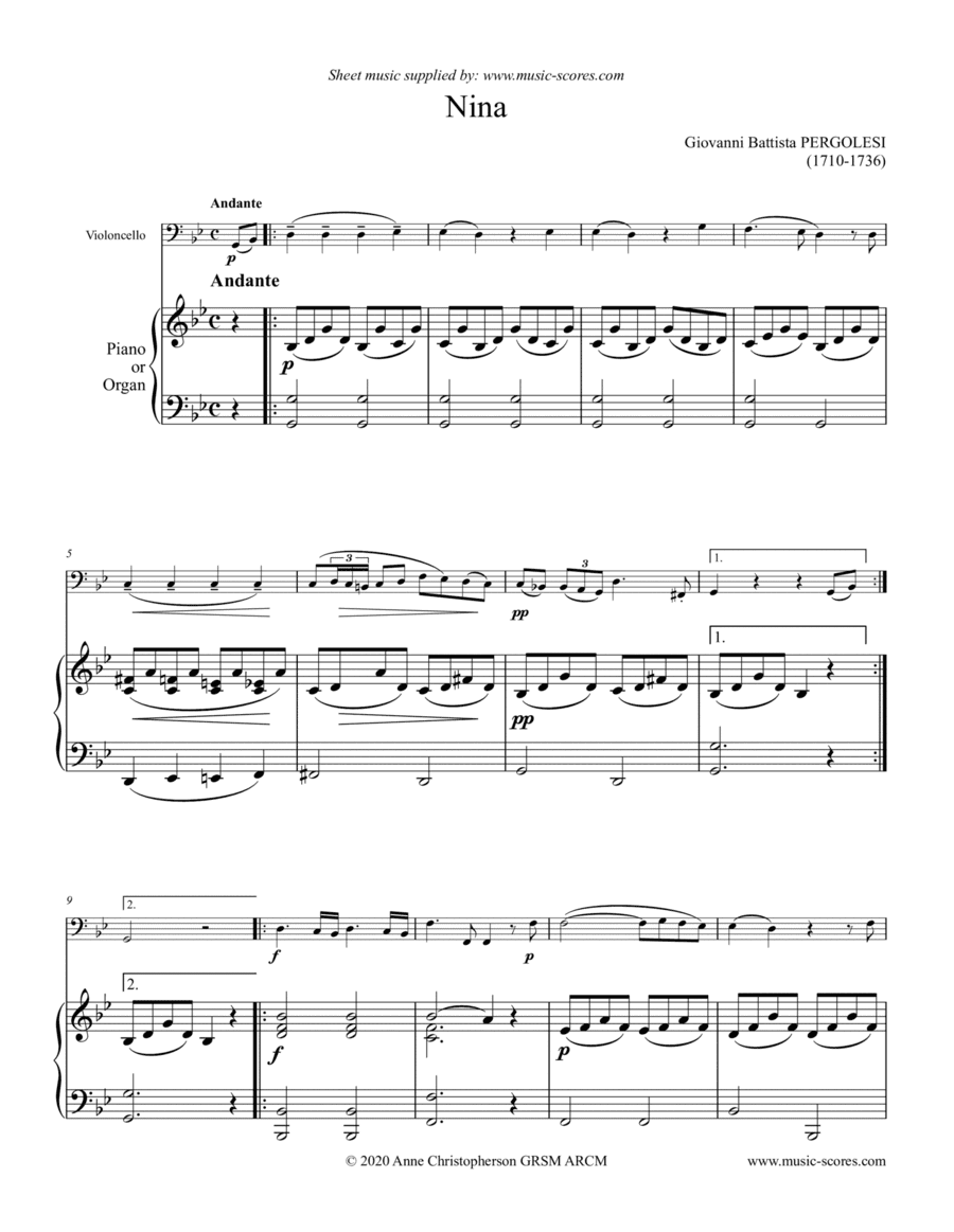 Nina - Cello (G minor) and piano/organ (arr. Anne L Christopherson GRSM ARCM)