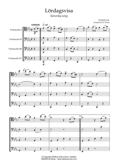 Lördagsvisa / Saturdy Song for cello quartet (arr. Klas Krantz)