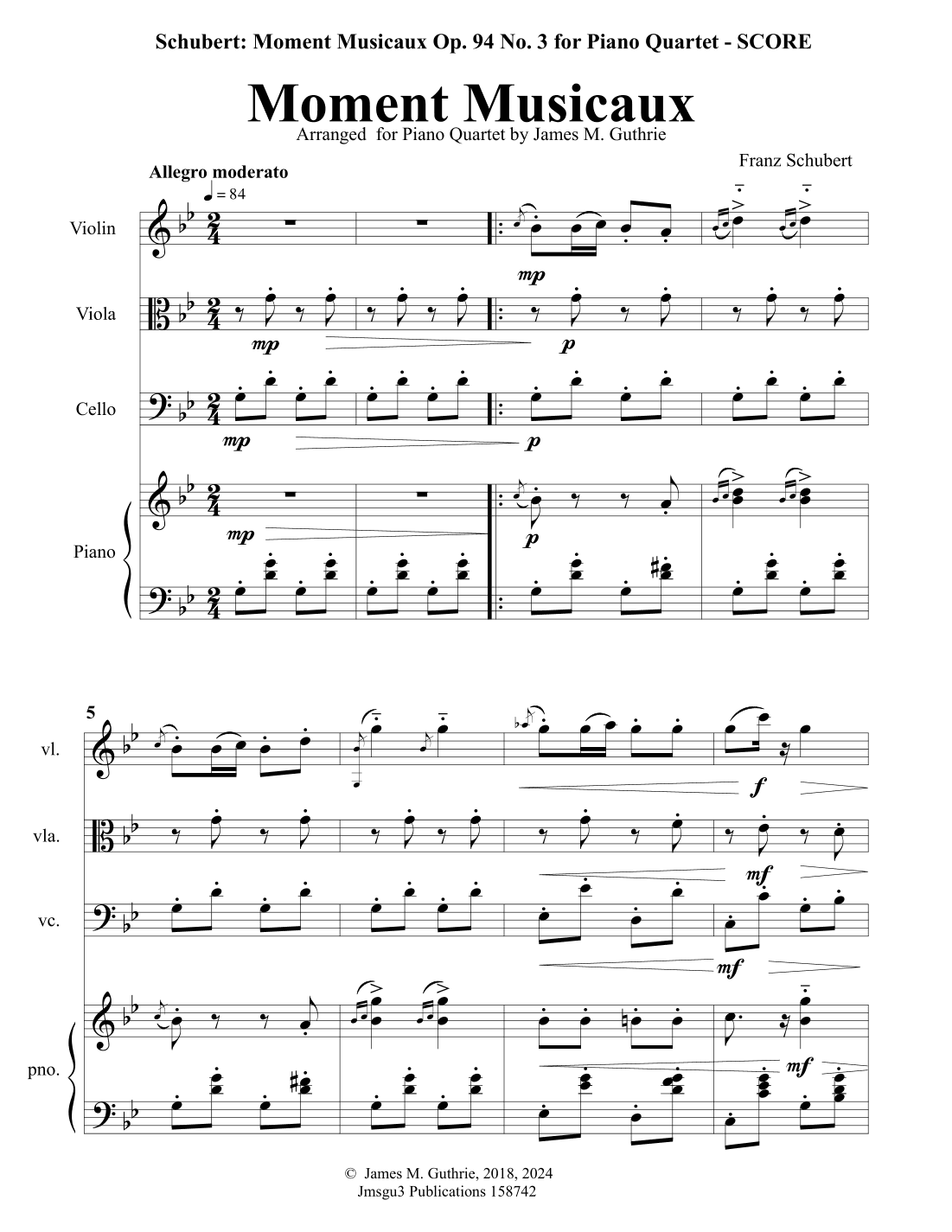 Schubert: Moment Musicaux for Piano Quartet (arr. James M. Guthrie)