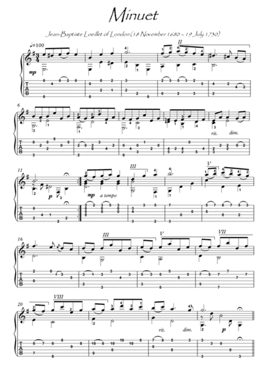 Minuet by Jean Baptiste guitar solo (arr. PianoSheetNow)