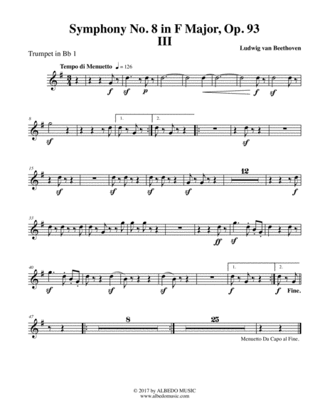 Beethoven Symphony No. 8, Movement III - Trumpet in Bb 1 (Transposed Part), Op. 93 (arr. Doug Clyde)